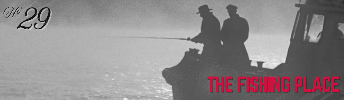 Vintage fishing scene: Two men fishing from a boat on the water at "The Fishing Place" No. 29.