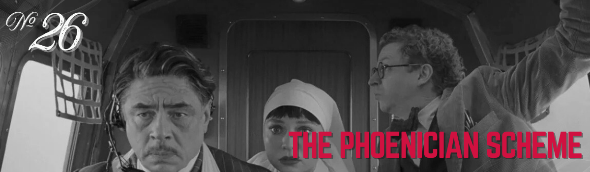 The Phoenician Scheme: Black and white image of actors in a scene from Auto Draft No 26.