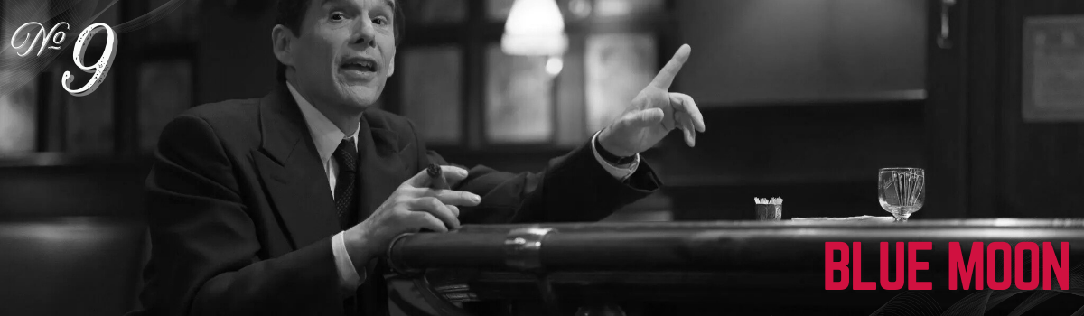 Black and white noir scene of a man in a suit at a bar, gesturing, with a cigar. "Blue Moon" text overlay.