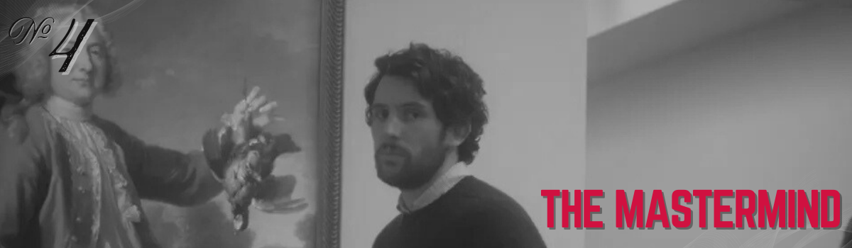 The Mastermind: Portrait of a man with a beard standing next to a classic art piece in black and white.