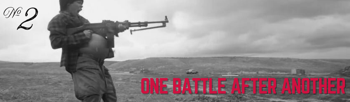 Vintage black and white image of soldier firing a machine gun, battle scene, military action, war photo.