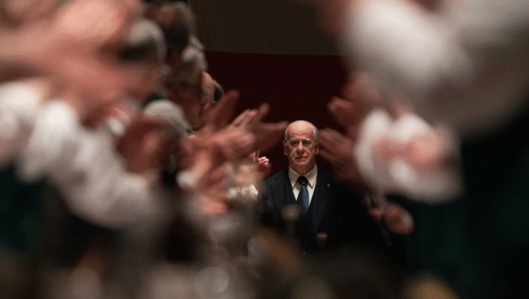 La Grazia film review: Paolo Sorrentino film scene of a man in a suit being applauded by a crowd, cinematic.