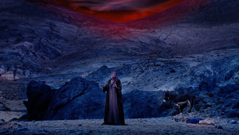 The Carpenter's Son movie scene: A biblical figure stands in a desolate landscape under a red sky, with a donkey nearby.