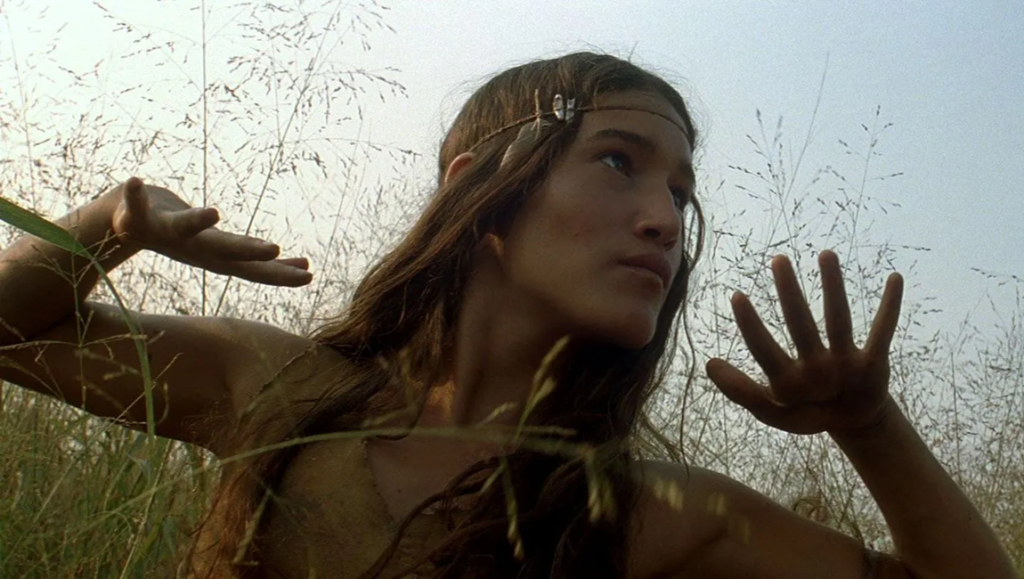 Portrait of a woman in Terrence Malick's film, The New World, amongst foliage and tall grass, cinematic scene.