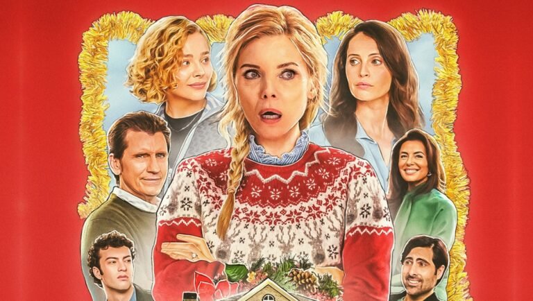 Oh. What. Fun. movie review image. Christmas film poster with cast, featuring a surprised woman in a holiday sweater.