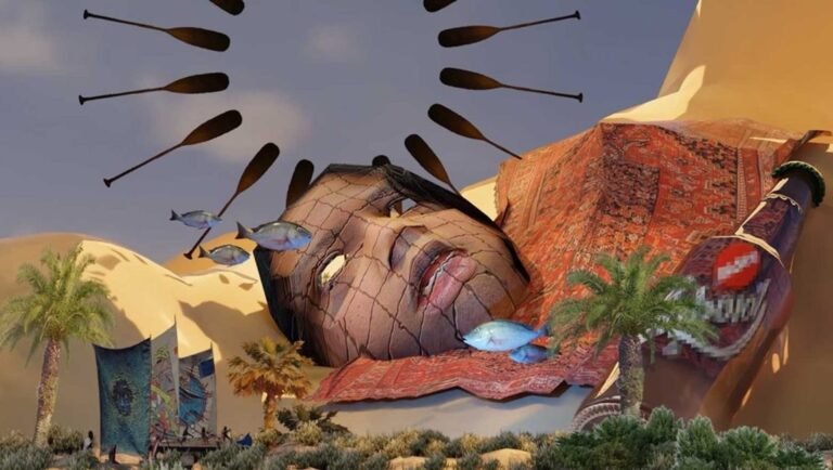 Singapore Panorama Short Film Programme still: Surreal landscape with a giant face, paddles, fish, and a bottle.