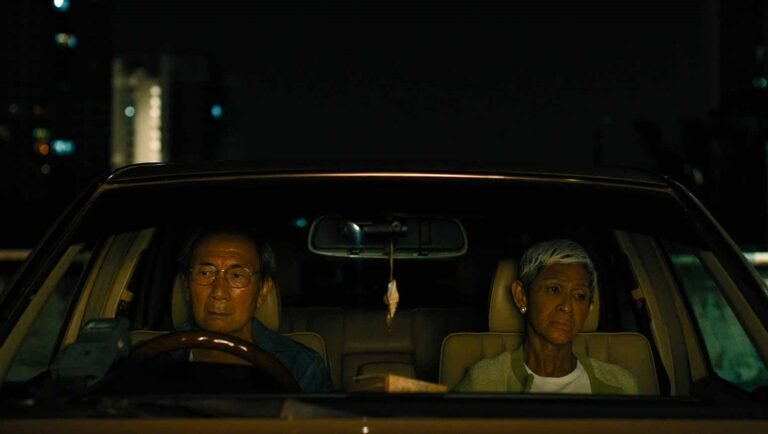 The Old Man and His Car film still: An elderly couple in a car at night, showcased at the Singapore Film Festival.