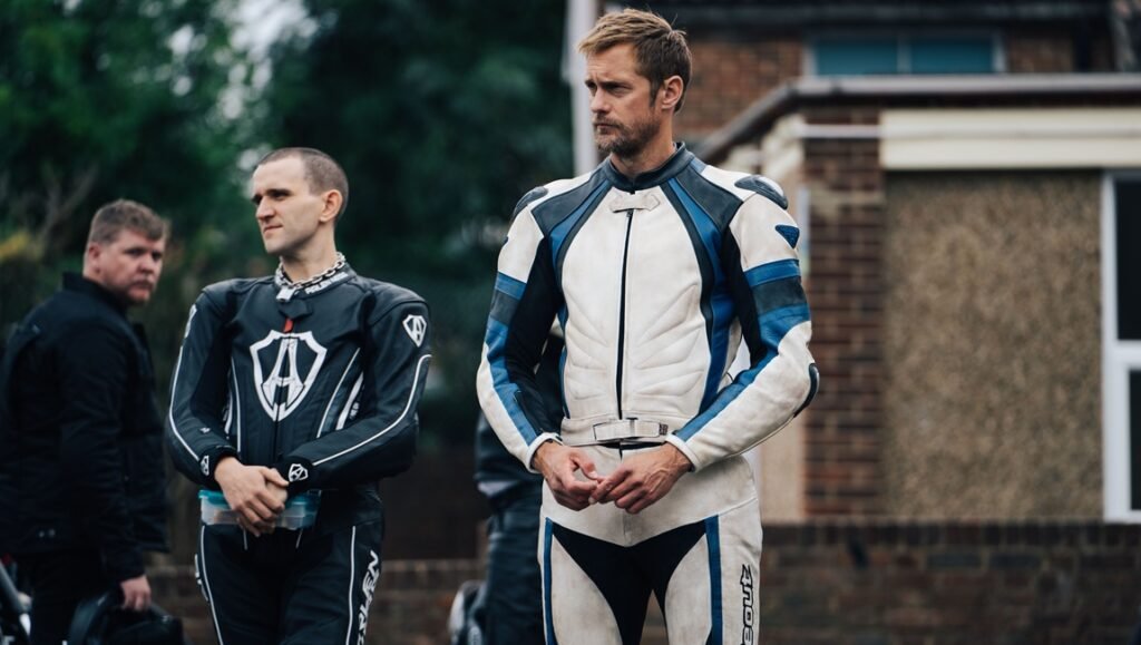 Alexander Skarsgard and other biker gang members in motorcycle suits. Pillion and the Gay Nazi Bikers concept.