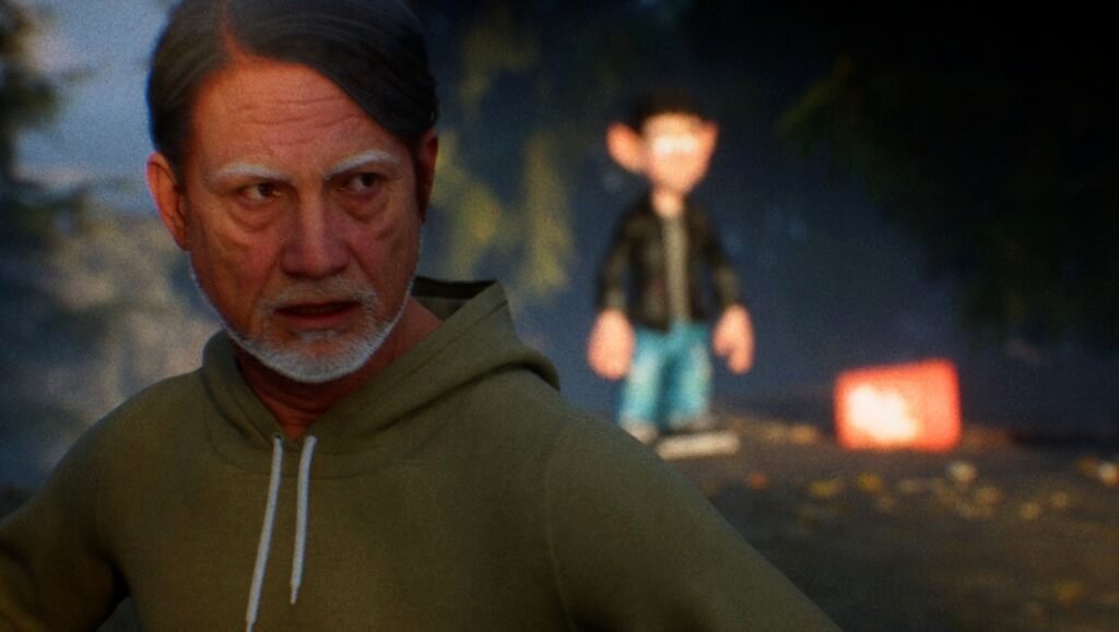 IFFR 2026 film still from "The Misconceived" featuring an older man and a blurred figure of a child in the background.