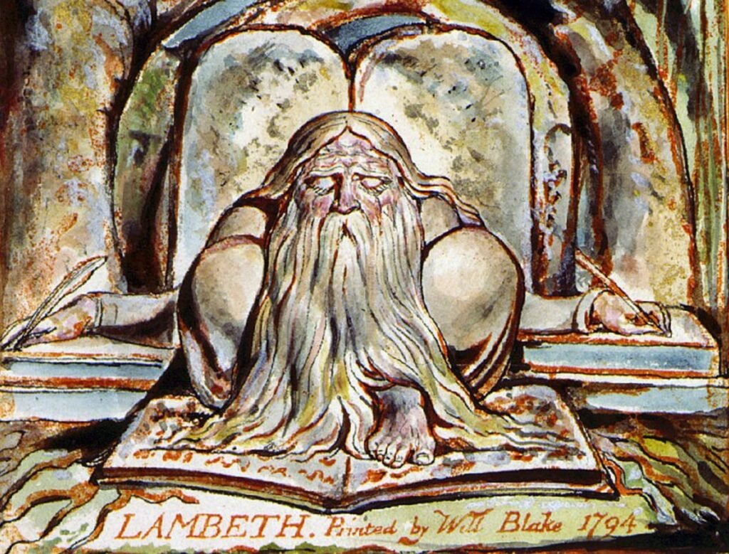 Urizen by William Blake, a watercolor depicting a bearded figure writing, evoking themes of imagination and artistic creation.