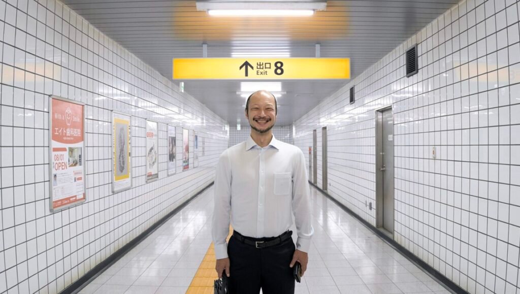 Smiling man in subway tunnel under Exit 8 sign. Subway has white tiled walls and a yellow sign, in an urban setting.