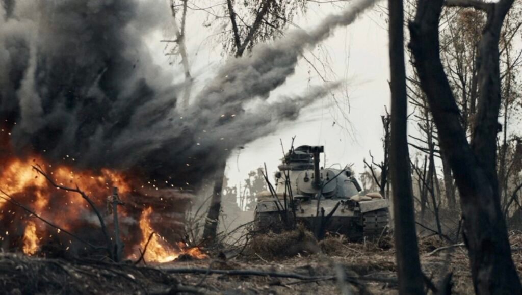 War scene with a tank amidst explosions and fire in a desolate, war-torn landscape, conveying destruction and conflict.