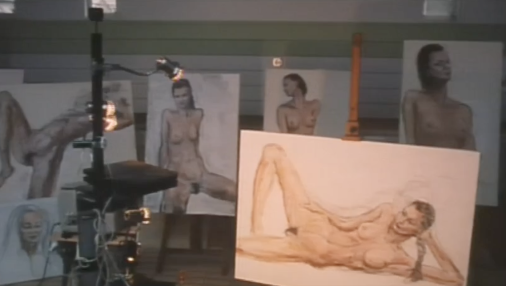 Seraphim Night art display: Nude figure drawings by Banmei Takahashi showcasing gender themes in a gallery setting.