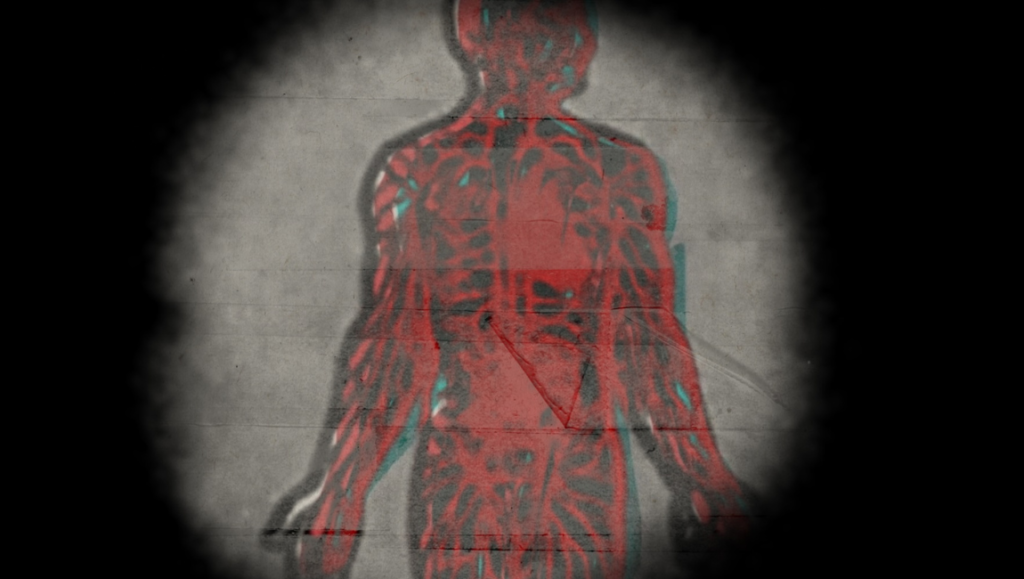 Cosmic rays illustration: Human body with visible blood vessels, highlighting the impact of cosmic radiation on the body.