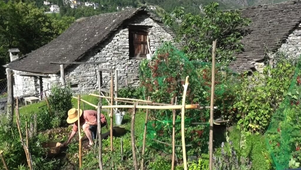 Amit Dutta's film scene: Woman gardening near stone house in In-I In Motion, Cinéma du Réel 2026, rustic charm.