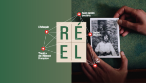 Réel program illustration featuring Saint-André des Arts, L'Arlequin, Théâtre de l'Alliance Française, Reflet Médicis, and La Clef.