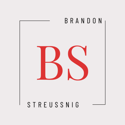 Brandon Streussnig logo with red BS initials in a minimalist square frame, professional branding design.