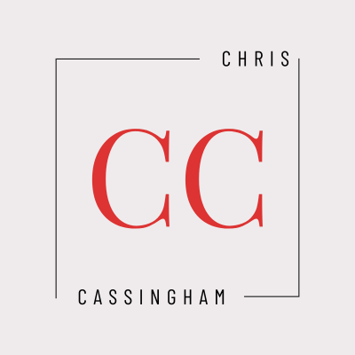 Chris Cassingham logo. Red CC initials inside a square, modern design for personal branding and professional identity.