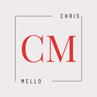 Chris Mello logo: Red CM initials in a square frame, clean modern design for branding and visual identity.