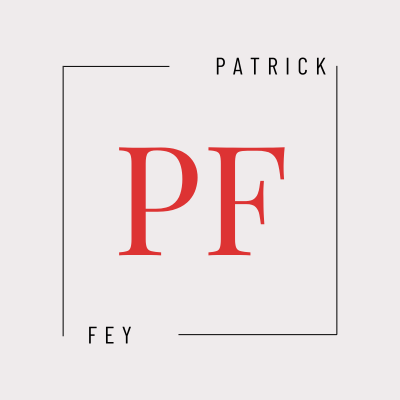Patrick Fey initials logo. Red PF monogram within a square frame, name at top and bottom. Minimalist design.