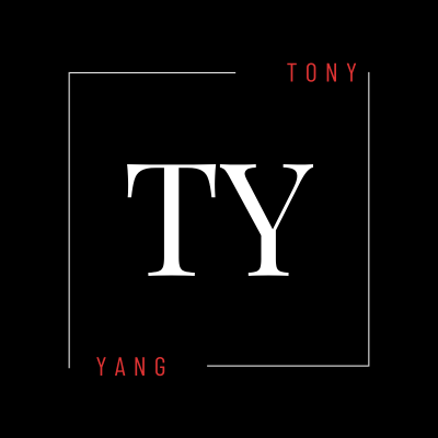 Tony Yang logo. White "TY" monogram inside a thin white square on a black background. Minimalist personal branding.
