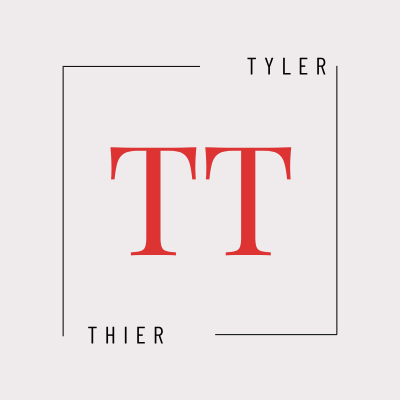Tyler Thier logo: Red TT initial letters within a square frame, simple and modern design for branding.