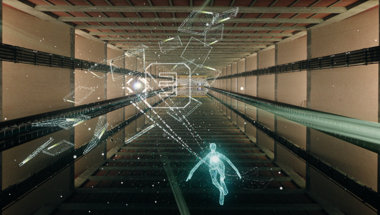 Leviticus review image: Abstract digital art featuring a wired human figure in a shaft, evoking themes of technology and futurism.