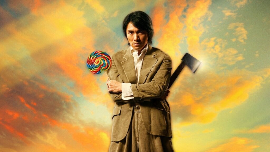 Kung Fu Hustle: Stephen Chow holds a lollipop and axe, promoting the action-comedy film.