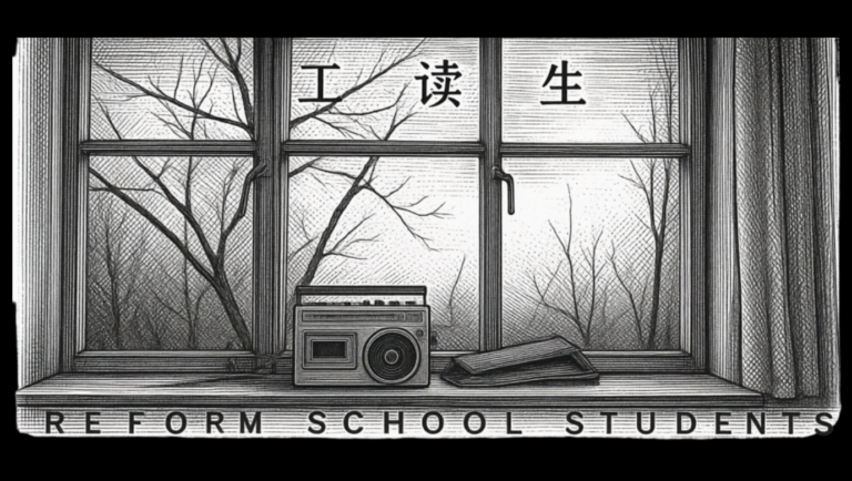 Reform School Students image: Window view with bare trees, radio and book. Wang Zijun & Wang Lan artwork.