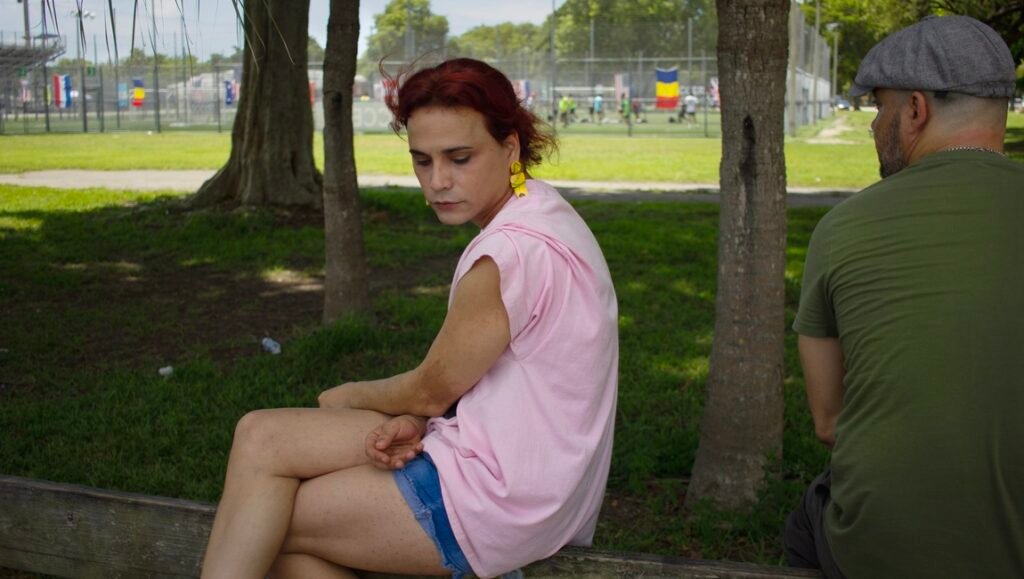 A scene from the movie 'I Fell in Love With a Z-Grade Director in Brooklyn,' featuring actors in a tropical park.