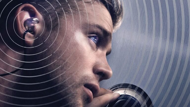 Man with an earbud turns a dial, overlaid with concentric circles.