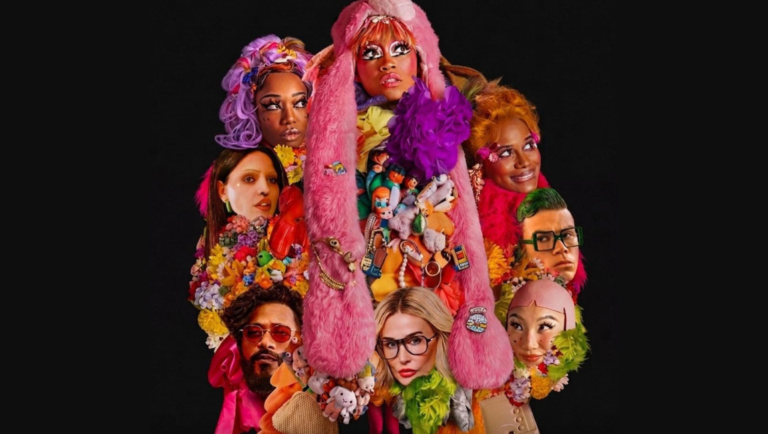 Group of diverse faces surrounds a central person wearing a fuzzy pink coat decorated with toys and trinkets.