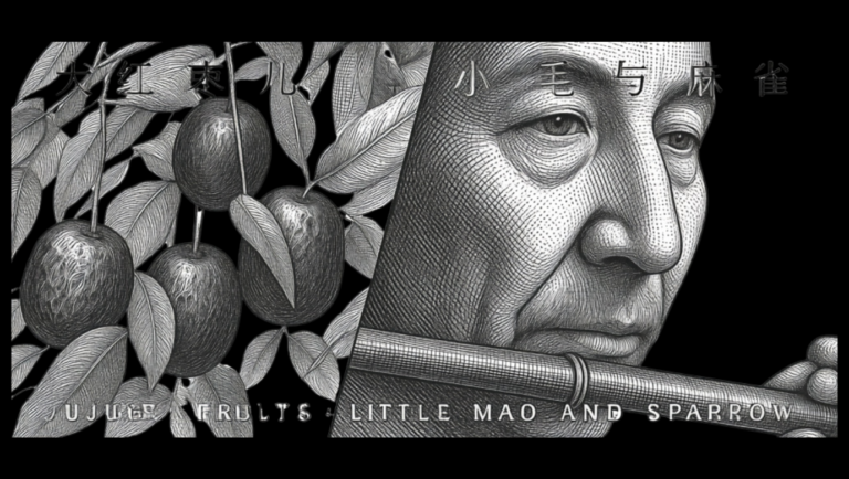 Engraving shows jujube fruits on a tree branch beside a portrait of a man with a flute, reading "JUJUBE FRUITS - LITTLE MAO AND SPARROW".