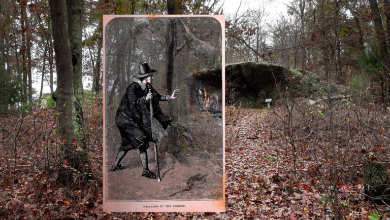 An old drawing of a man holding a staff with the text "WILLIAMS IN THE FOREST" is superimposed on a forest scene.