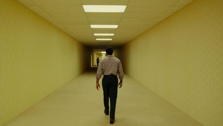 Man walks down a long, yellow hallway with fluorescent lighting, another person visible far in the distance.