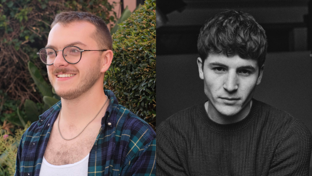 Elliot Tuttle and Kieron Moore of Blue Film, a conversation about bravery and fear. Portrait split image.