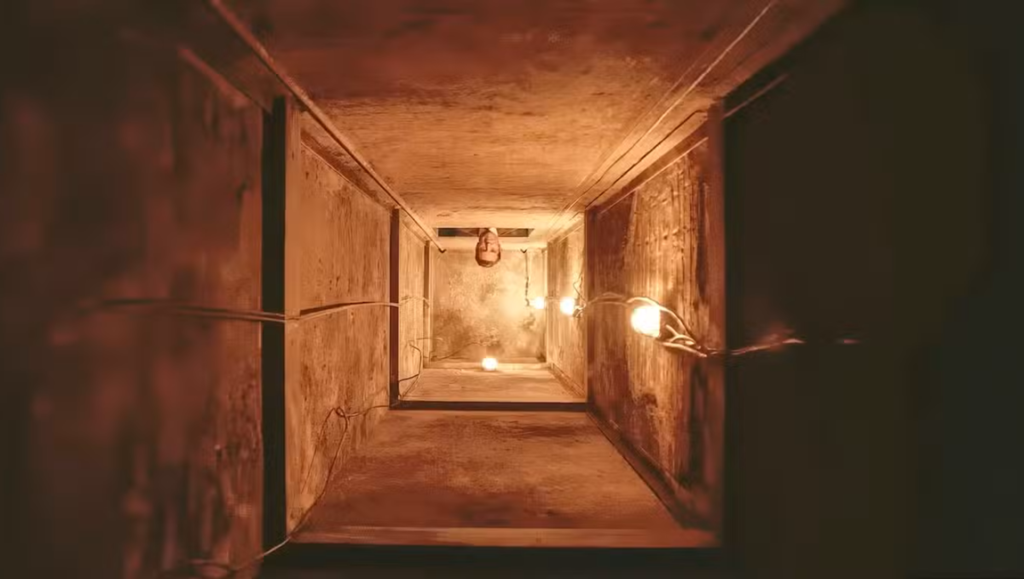 Hokum movie scene: Claustrophobic tunnel with a face peering down, promoting Damian Mc Carthy's horror film.