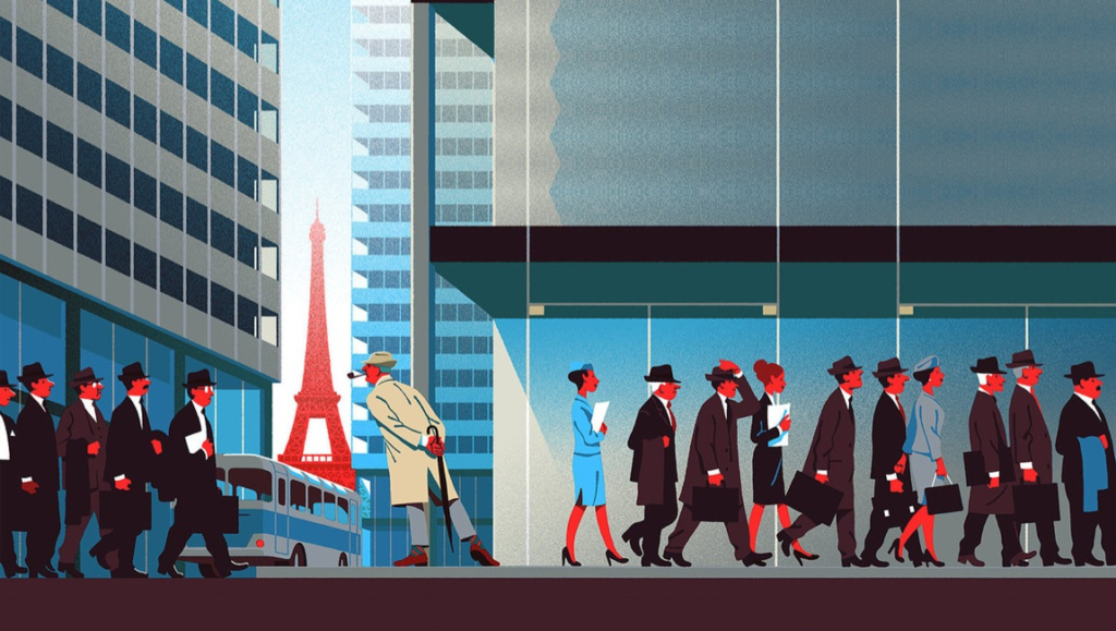 Illustration of people walking in a city with the Eiffel Tower in the background.