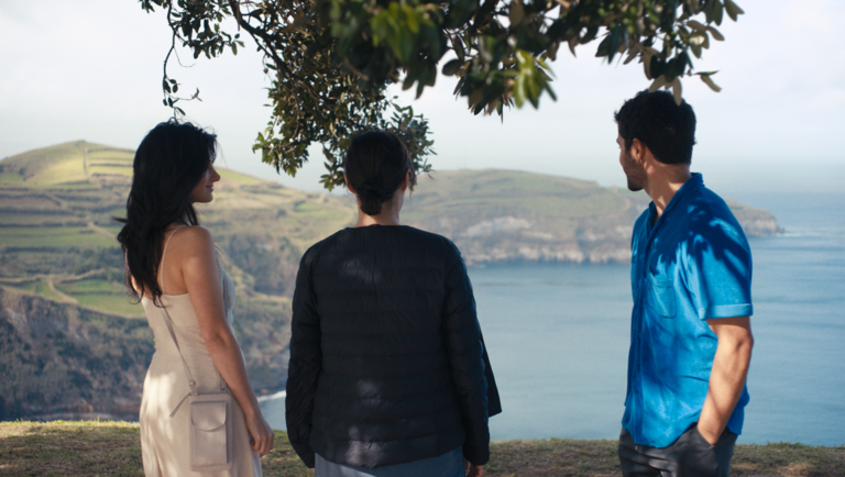 Three people stand under a tree shade on a cliff, looking out over a coastal landscape and the ocean.