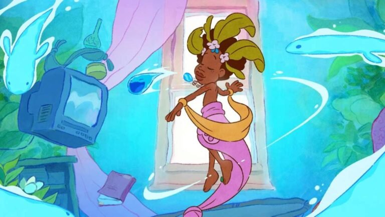 Julian with leaf-like hair floats in a blue, underwater-themed room surrounded by swimming fish and bubbles.