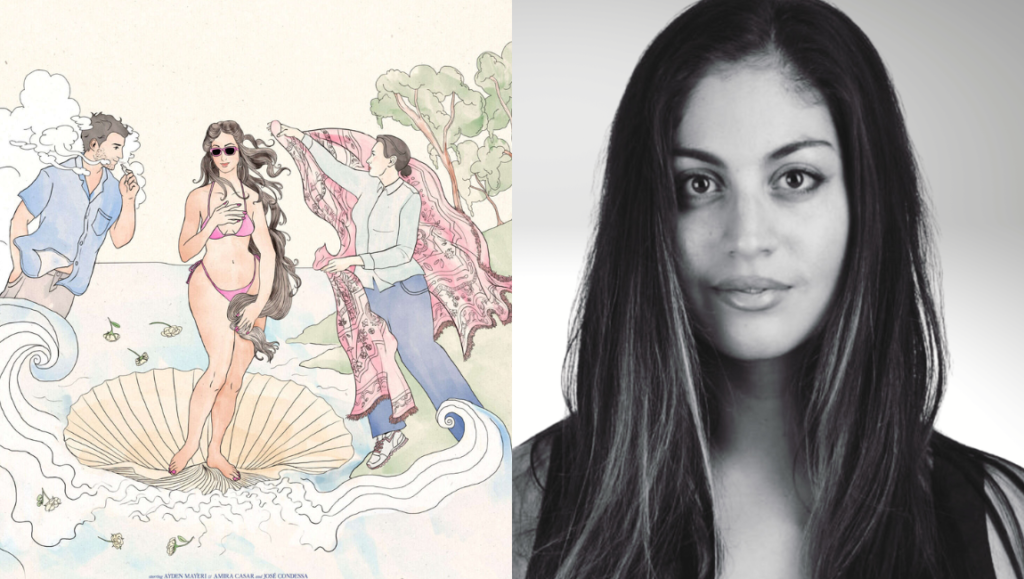 Lilian T. Mehrel poses for a headshot next to an illustration reimagining the Birth of Venus with contemporary figures.