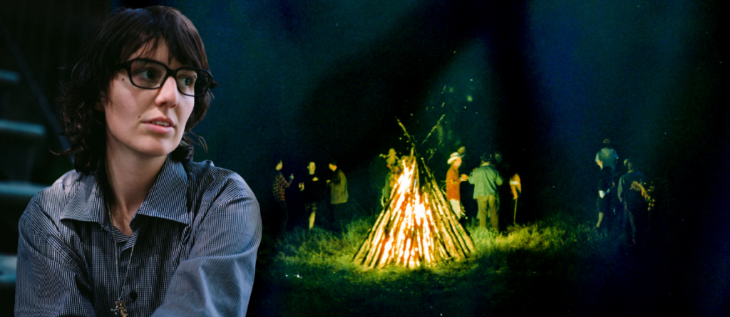 It’s Okay If Your Path is Dark: A Conversation with Avalon Fast on CAMP Avalon Fast wearing glasses next to a superimposed image of people gathered around a bright campfire at night.