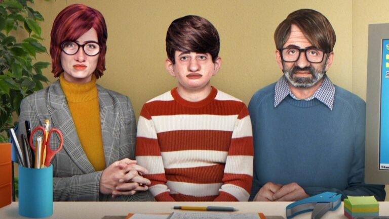 Three stylized characters with realistic faces sit at a desk in an office setting.