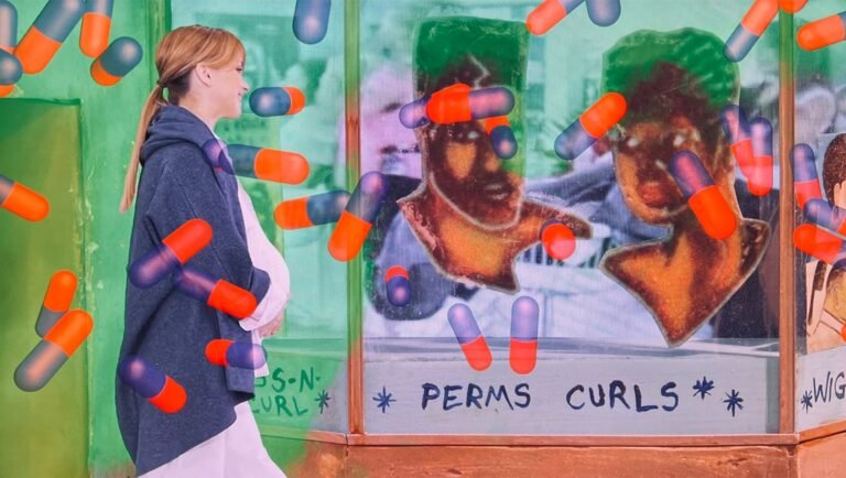 The Numbskull Artist’s Life: On Jon Moritsugu’s Numbskull Revolution Woman in a grey hoodie looks at a salon window featuring Perms Curls signage and floating orange and purple pill icons.
