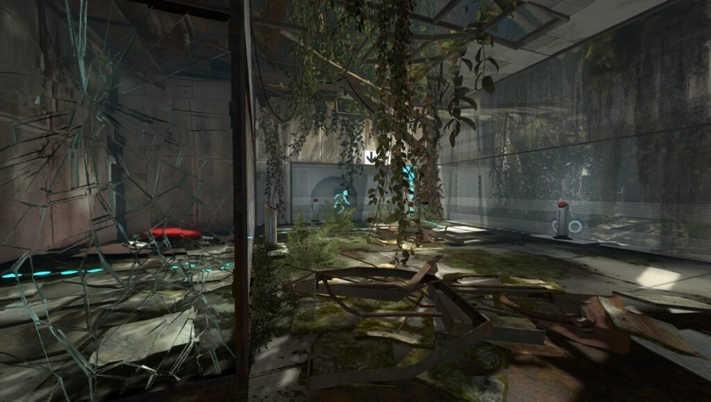Overgrown Portal test chamber with shattered glass, hanging vines, and scattered debris in a decaying laboratory.