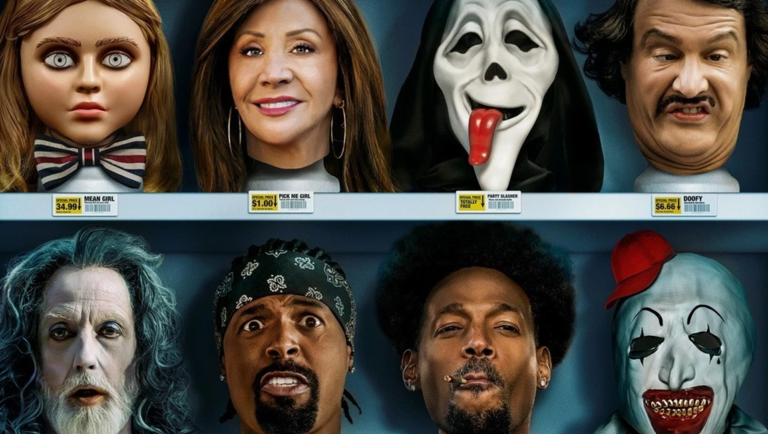 Eight movie character masks and heads displayed on store shelves for the Scary Movie film.