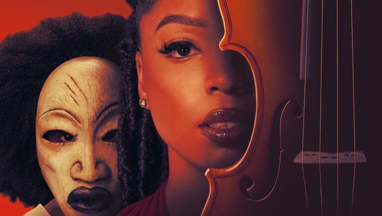 Close-up of a woman with braided hair next to a wooden mask and the body of a violin against a red background.