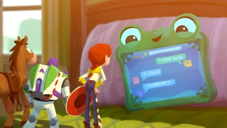 Jessie, Buzz Lightyear, and Bullseye look at a green frog-shaped tablet displaying a chat interface on a bed.