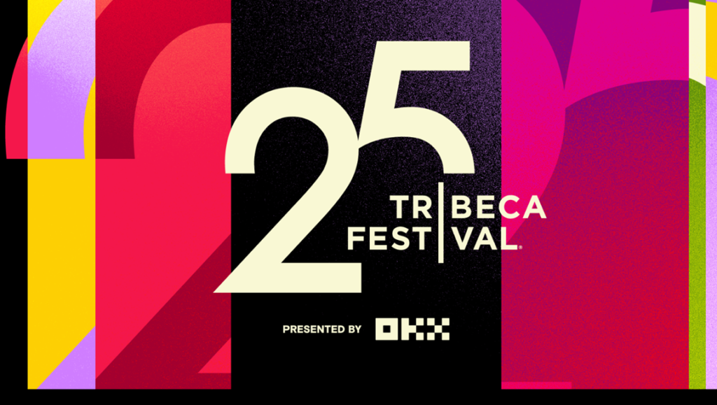 Large white number 25 logo for Tribeca Festival presented by OKX against a vibrant, multi-colored abstract background.