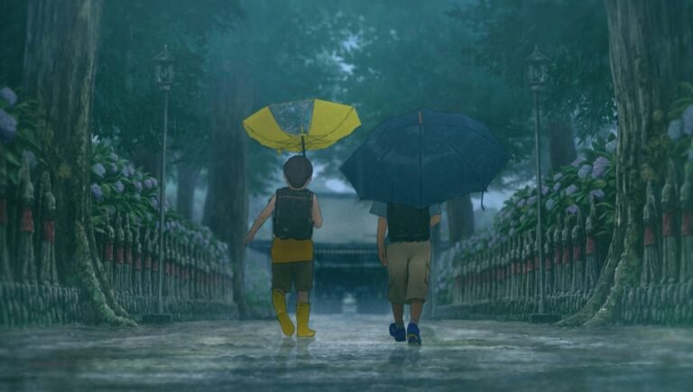 Two children with backpacks walk along a rain-slicked path between rows of small stone statues under umbrellas.